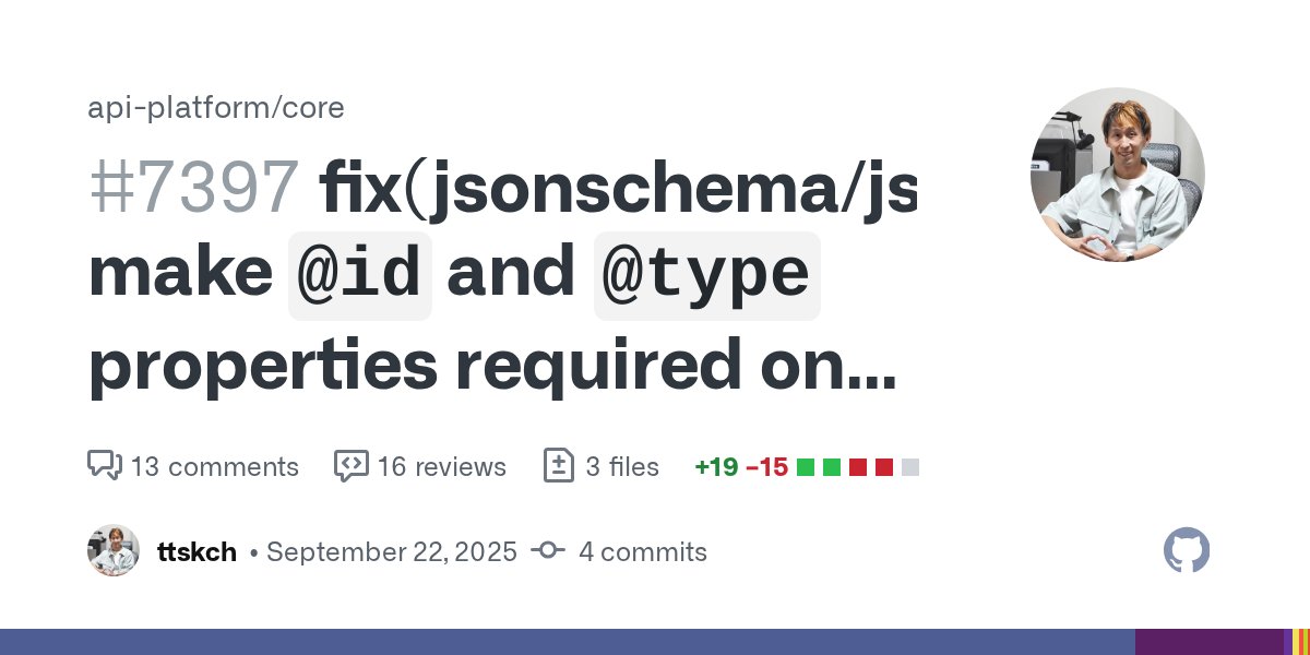 ttskch's tweet card. Q A Branch? 4.2 Tickets Related to #6960 License MIT Doc PR N/A This PR makes @id and @type properties required only in the JSON-LD schema for output.