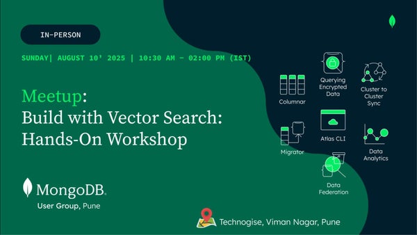 WeShallAWS's tweet card. **MongoDB User Group Pune August 2025 Meetup** *Build with Vector Search: Hands-On Workshop* Join the MongoDB User Group Pune for an inclusive, hands-on workshop on **Vect