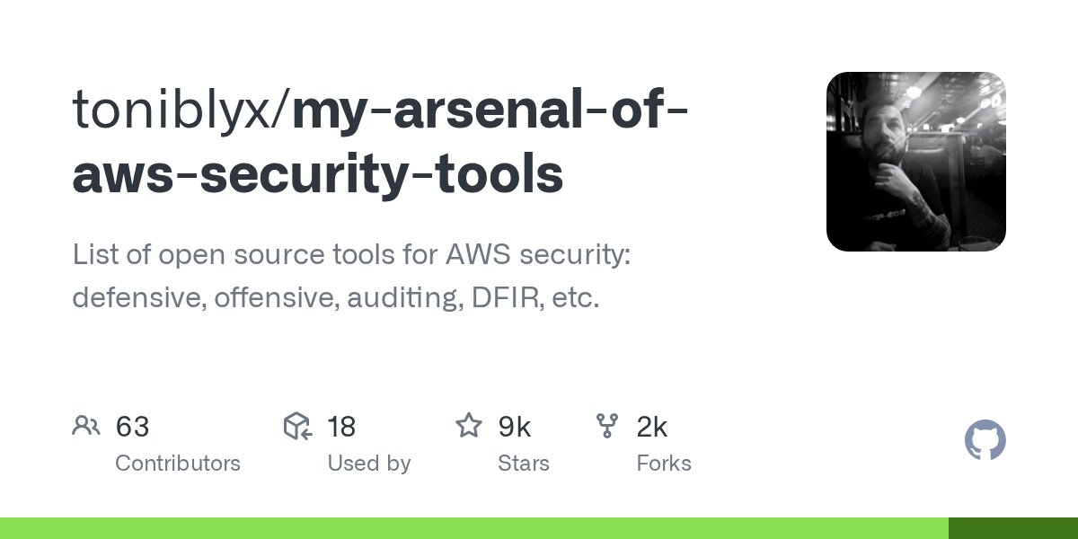 binitamshah's tweet card. List of open source tools for AWS security: defensive, offensive, auditing, DFIR, etc. - toniblyx/my-arsenal-of-aws-security-tools