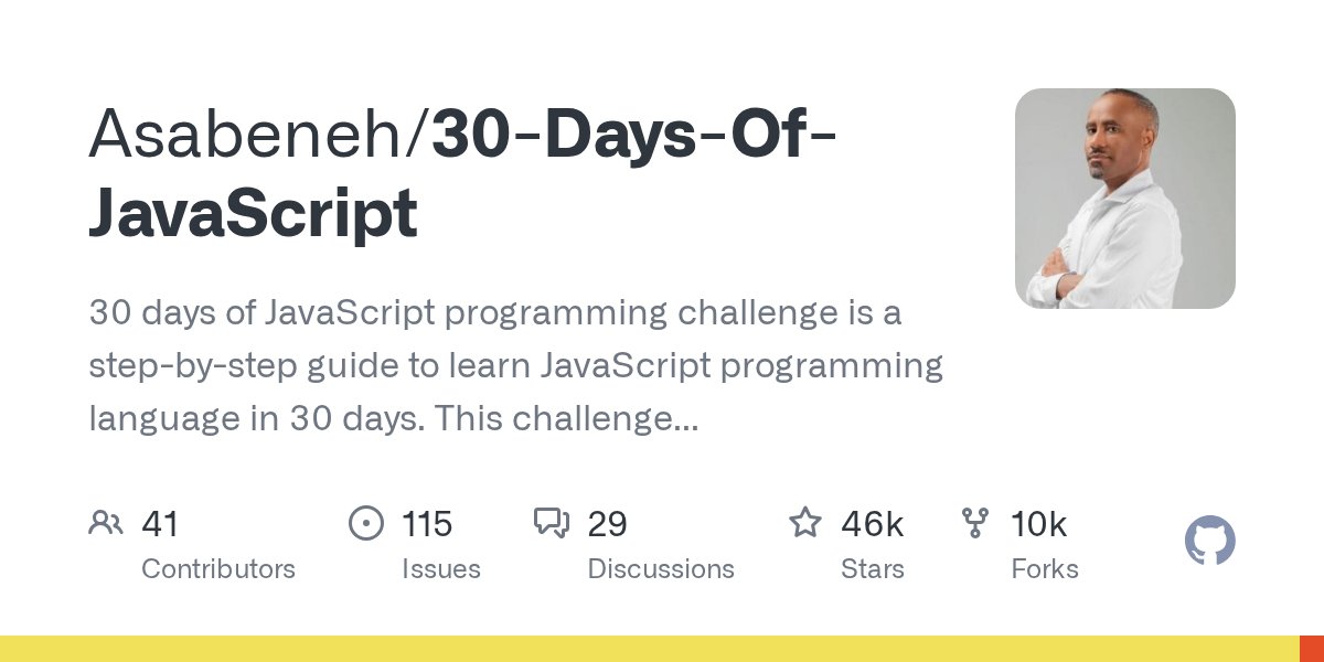 clifmad's tweet card. 30 days of JavaScript programming challenge is a step-by-step guide to learn JavaScript programming language in 30 days. This challenge may take more than 100 days, please just follow your own pac...