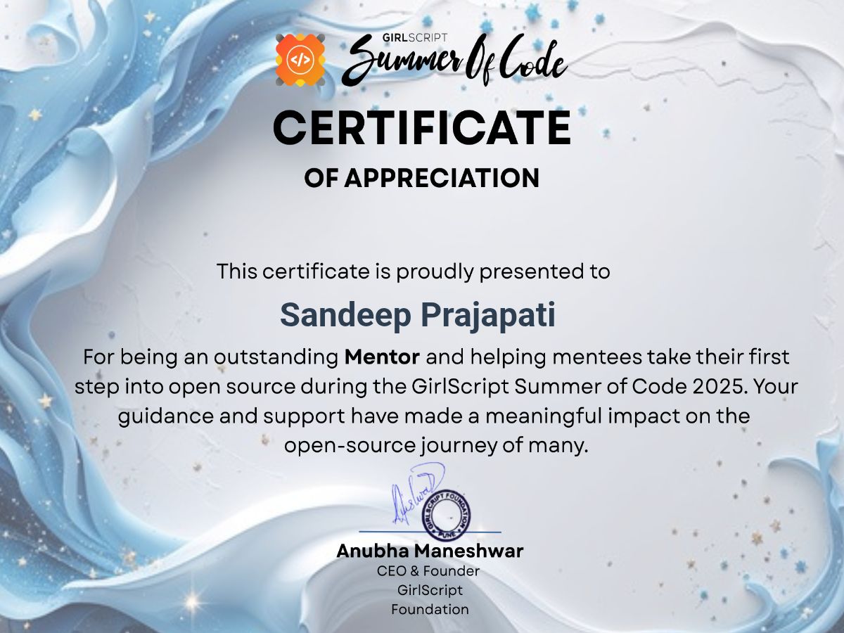 simplysandeepp's tweet card. I’m delighted to share that I had the opportunity to serve as a Mentor during the GirlScript Summer of Code 2025 (GSSoC). One of India’s most impactful open source programs that brings together...
