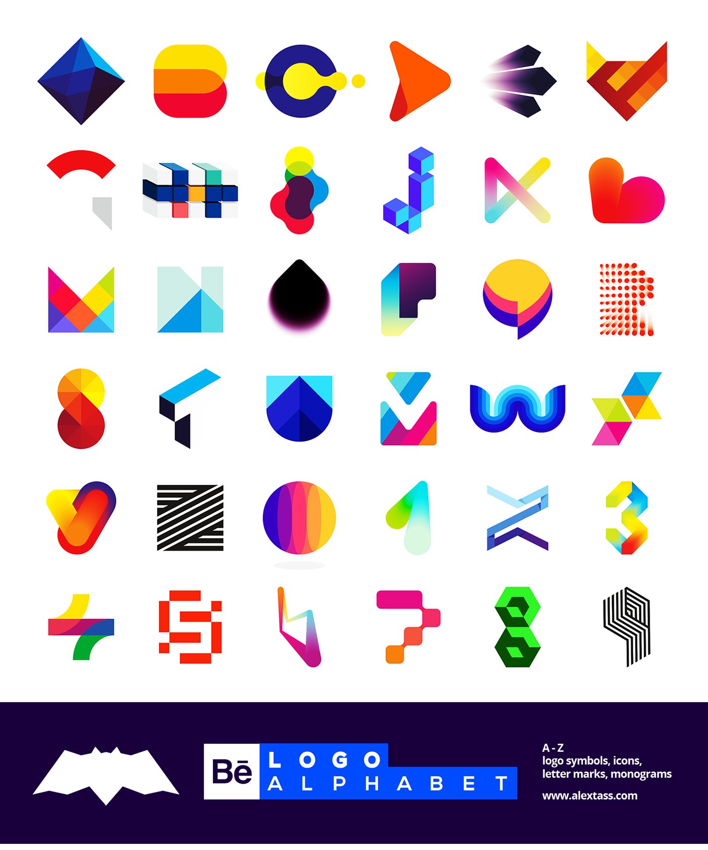alextass_com's tweet card. LOGO Alphabet, an A-Z collection of letter based logo symbols and icons - letter marks and monograms designed by Alex Tass