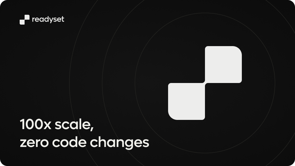 readysetio's tweet card. Increase the scale of your PostgreSQL and MySQL deployment by up to 100x with Readyset - all without modifying your application code or database. Start using Readyset today for free!