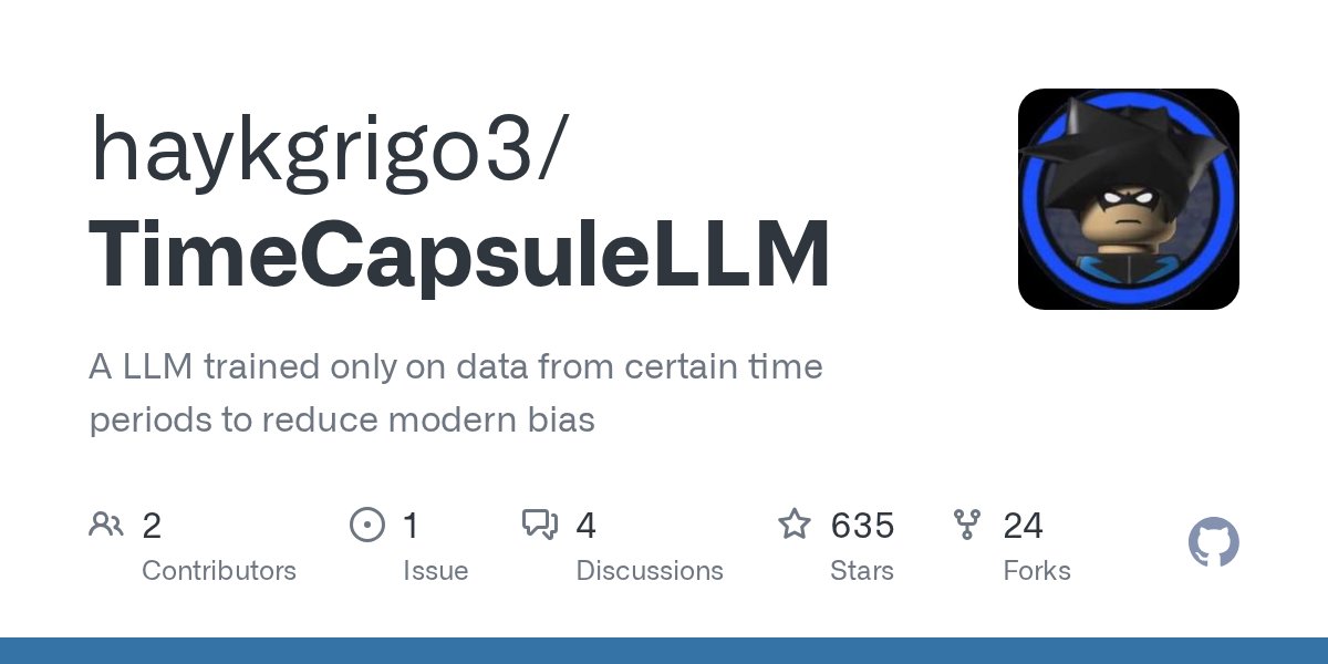 Ingvar_Santry's tweet card. A LLM trained only on data from certain time periods to reduce modern bias - haykgrigo3/TimeCapsuleLLM