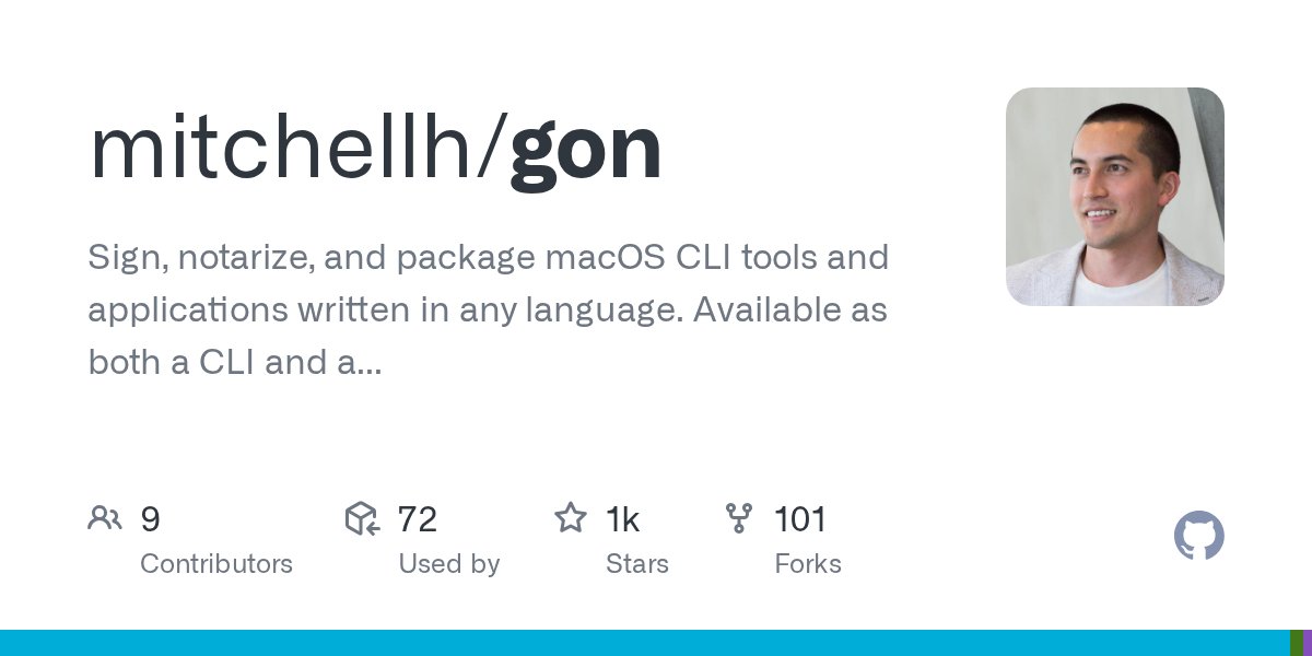 mitchellh's tweet card. Sign, notarize, and package macOS CLI tools and applications written in any language. Available as both a CLI and a Go library. - mitchellh/gon