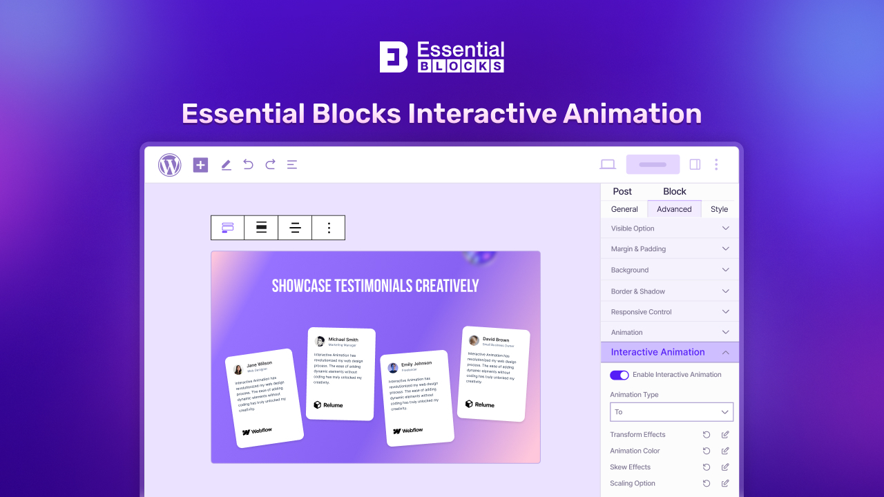 EssentialBlocks's tweet card. Create interactive animation on WordPress site with Interactive Animation extension from Essential Blocks for Gutenberg. Read this blog to learn more.
