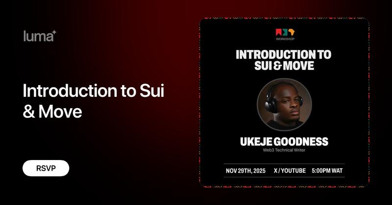 web3afrika's tweet card. In this workshop, Ukeje Goodness will give you a clear introduction to Sui and its ecosystem. You will learn how the network works, what makes it different,…