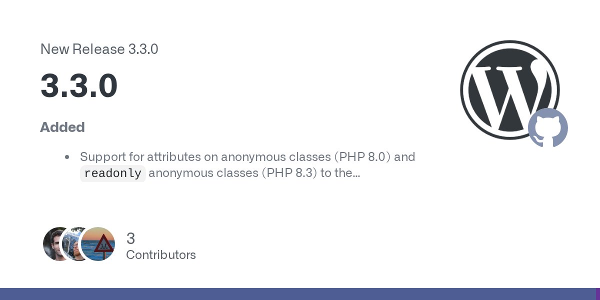 jrf_nl's tweet card. Added Support for attributes on anonymous classes (PHP 8.0) and readonly anonymous classes (PHP 8.3) to the WordPress.Security.EscapeOutput sniff. Props @rodrigoprimo. #2559 Support for handling &...