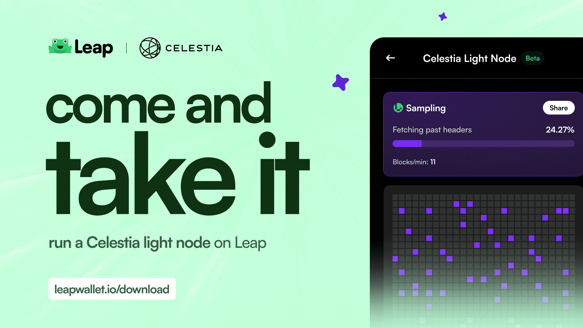HefePapi's tweet card. Learn how to run a Celestia light node directly from your Leap Wallet with just one tap. Contribute to blockchain modularity and data availability while verifying Celestia blocks.