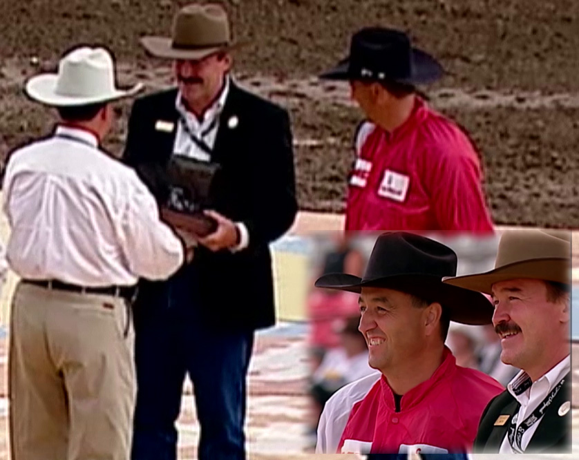 2many_passwords's tweet card. Rob Laidlaw February 9, 1960 – January 5, 2025 Rob Laidlaw (C) and Chuckwagon Driver Luke Tournier (R) receive the sponsor’s bronze trophy from Calgary Stampede Director Wee Yee (L) for winning the…