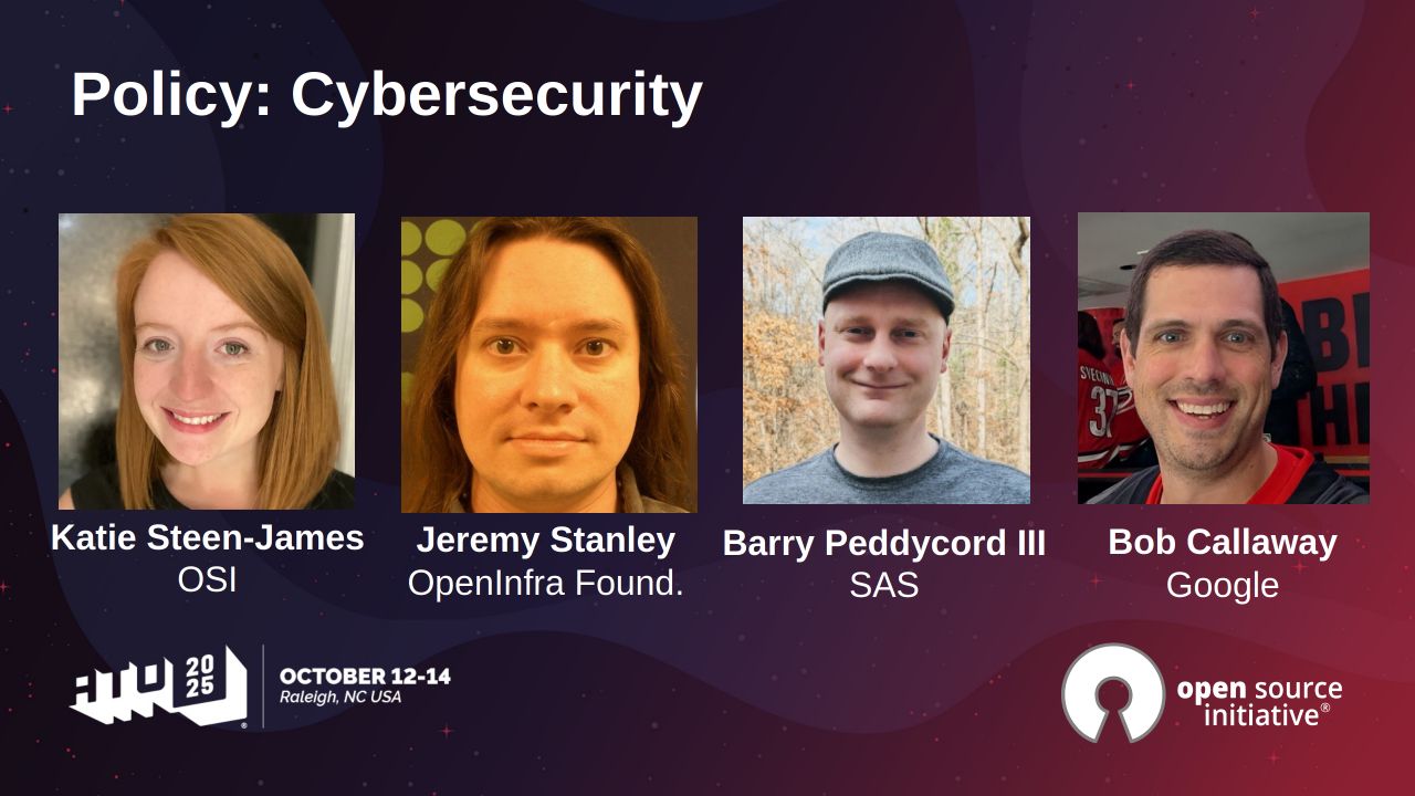 OpenSourceOrg's tweet card. The OSI hosted the State of the Source Track at ATO. Katie Steen-James, Jeremy Stanley, Barry Peddycord III, and Bob Callaway led the panel Policy Cybersecurity, with updates on SBOMs, the Cyber...
