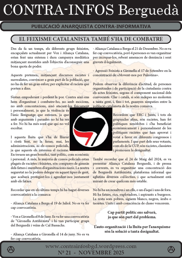 ContrainfosBgd's tweet card. Ja ha sortit el Contra-Infos Berguedà de Novembre, el número 21. Aquest número parla sobre la lluita que s’ha de dur als carrers contra el feixisme, encara que sigui catalanista, sobre la CUP…