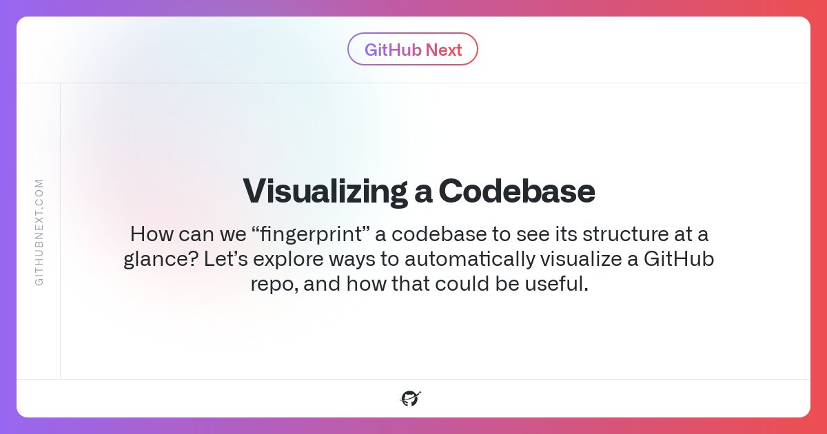 GitHubNext's tweet card. GitHub Next Project: How can we “fingerprint” a codebase to see its structure at a glance? Let’s explore ways to automatically visualize a GitHub repo, and how that could be useful.