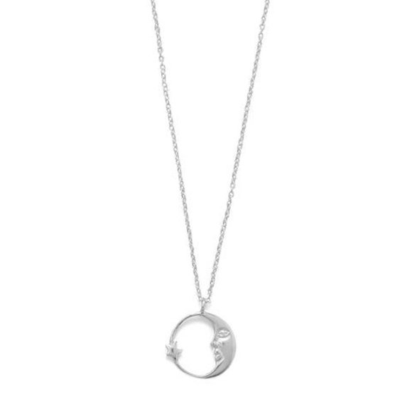 wilkimpcs's tweet card. 16.5" Crescent Moon with Star Necklace Shine bright like the moon and stars. 16.5" sterling silver necklace features a moon with star pendant. Pendant measures 13.5mm. Necklace has a spring ring...