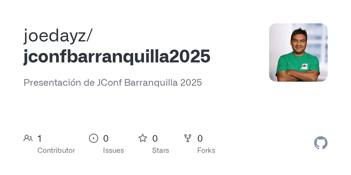 jamdiazdiaz's tweet card. Presentación de JConf Barranquilla 2025. Contribute to joedayz/jconfbarranquilla2025 development by creating an account on GitHub.