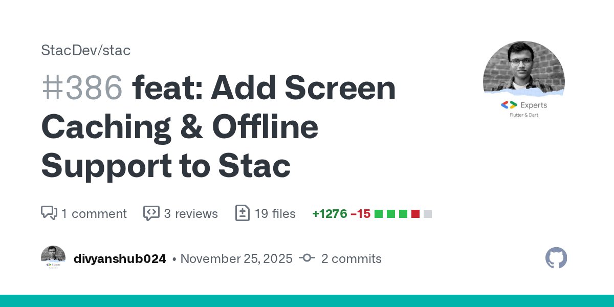divyanshub024's tweet card. Description Implemented StacCacheConfig and StacCacheStrategy to control how screens are cached and fetched. Added five cache strategies: optimistic (default), cacheFirst, networkFirst, cacheOnly,...