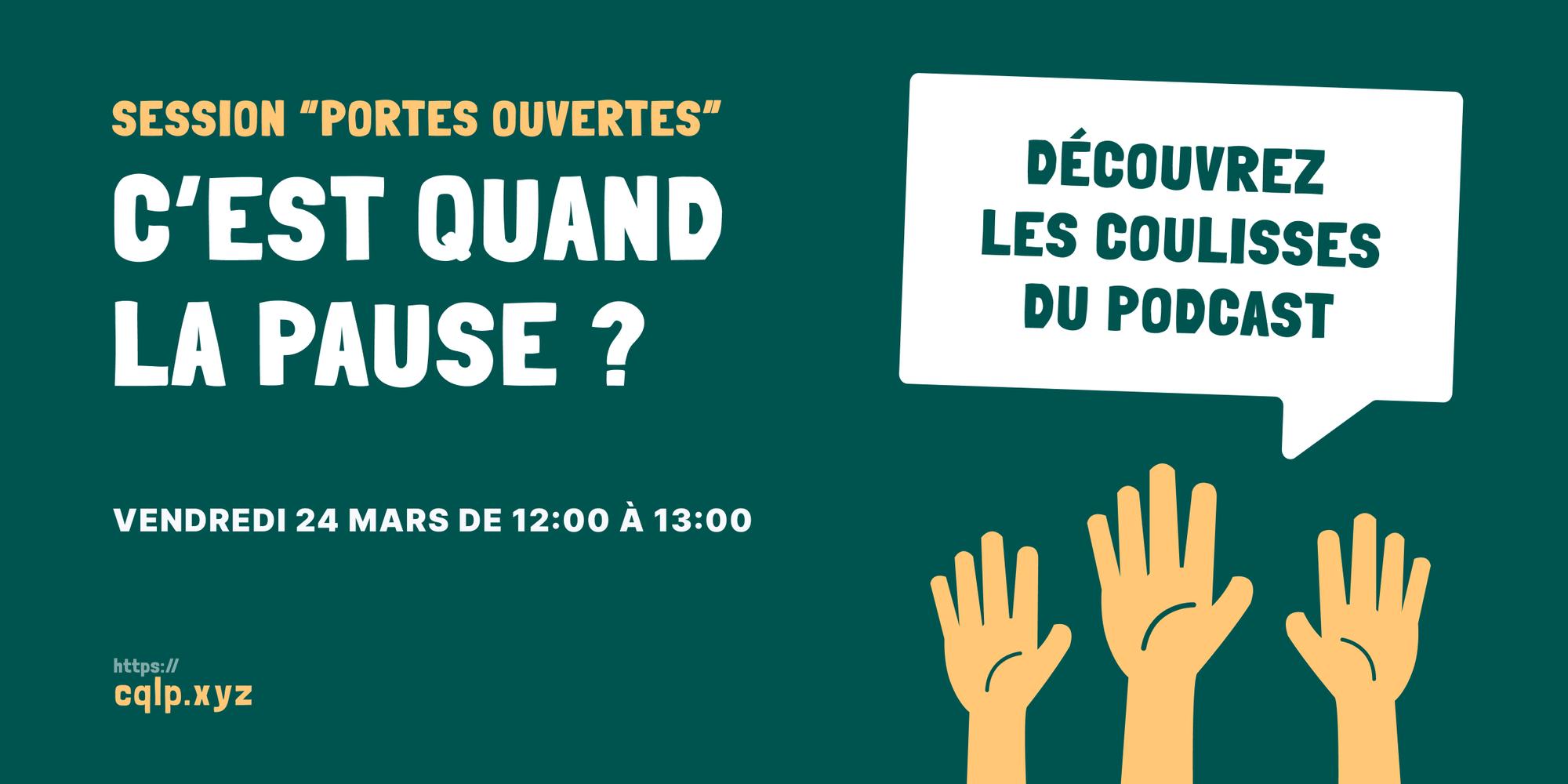 NicolasRoland's tweet card. Le podcast "C'est quand la pause ?" organise une session "Portes ouvertes". Vous connaissez déjà le podcast ? Ce sera l'occasion d'en découvrir les coulisses…