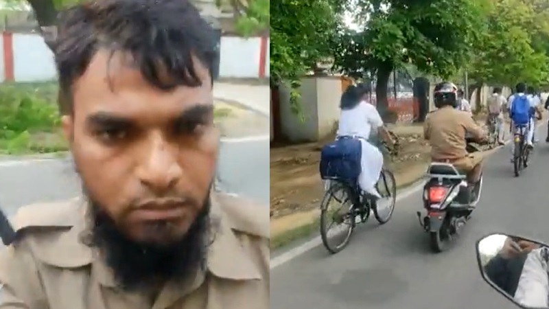 OpIndia_in's tweet card. वीडियो में देखा जा सकता है कि साइकिल से छात्रा जा रही होती है और शहादत अली अपनी स्कूटी लेकर उसके बगल में जा रहा होता है। कर रहा था छेड़खानी।