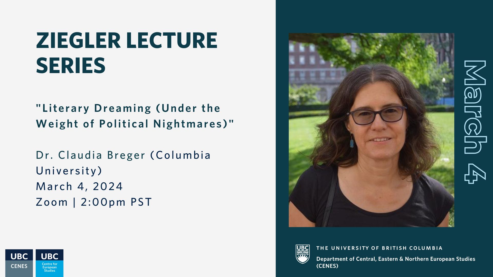 cenesubc's tweet card. Join us on March 4th at 2pm PT for an online Ziegler Lecture featuring Dr. Claudia Breger (Columbia University). This lecture will be co-hosted with UBC’s Centre for European Studies.
