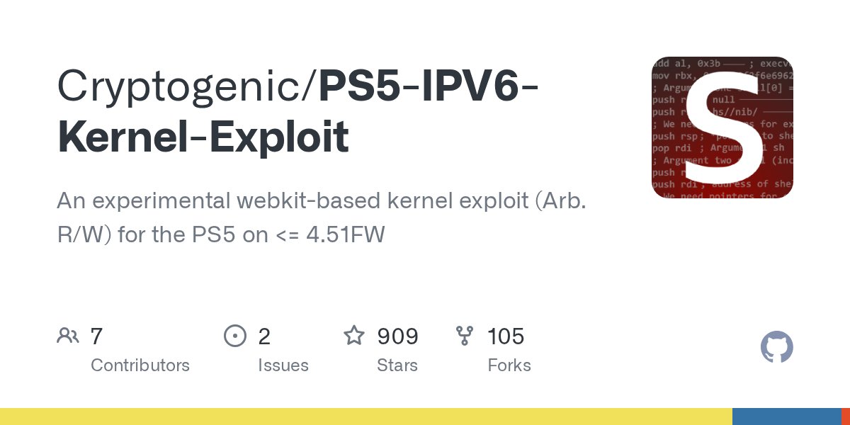 SpecterDev's tweet card. An experimental webkit-based kernel exploit (Arb. R/W) for the PS5 on <= 4.51FW - Cryptogenic/PS5-IPV6-Kernel-Exploit