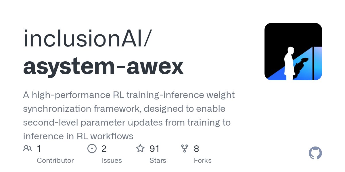 ModelScope2022's tweet card. A high-performance RL training-inference weight synchronization framework, designed to enable second-level parameter updates from training to inference in RL workflows - inclusionAI/asystem-awex