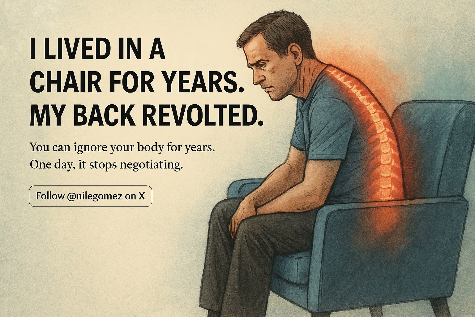 nilegomez's tweet card. Struggling with back pain after years of sitting? Discover easy habits, science-backed tips, and mindset shifts to fix your spine and feel better.