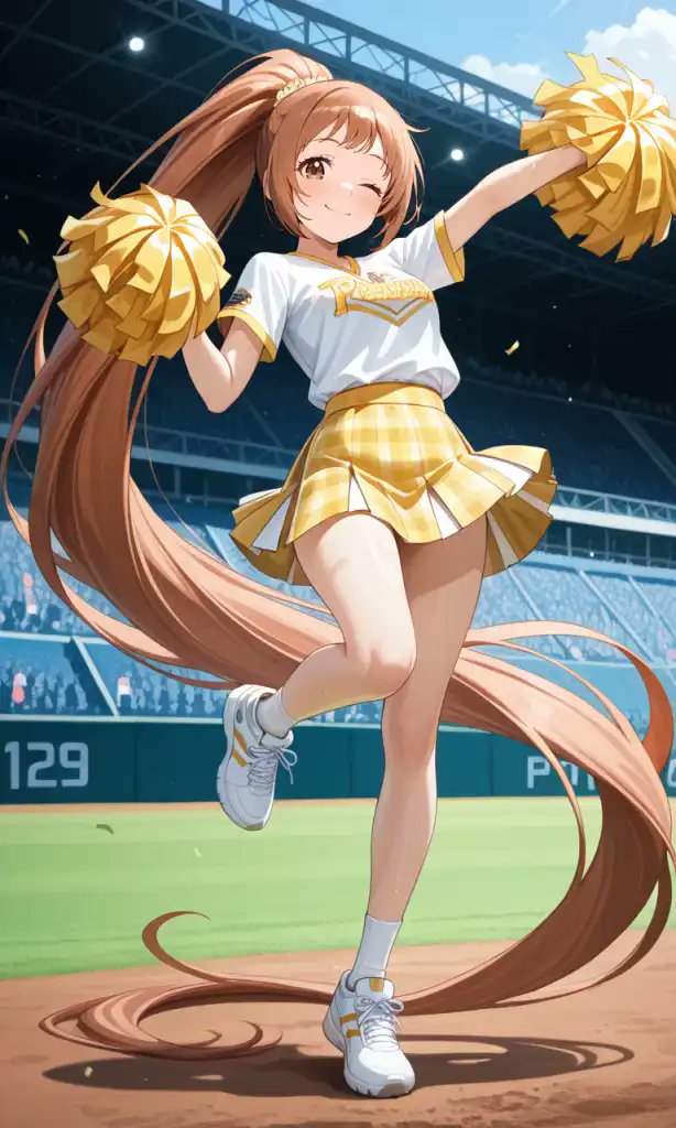 taroerror1980's tweet card. '超ロングヘアー（若林智香22）' by 髪フェチマン features tags like blush, ponytail, cheerleader, brown_hair, day, miniskirt, looking_at_viewer, cloud, from_below, audience, full_body, hair_ornament, short_sleeves,...