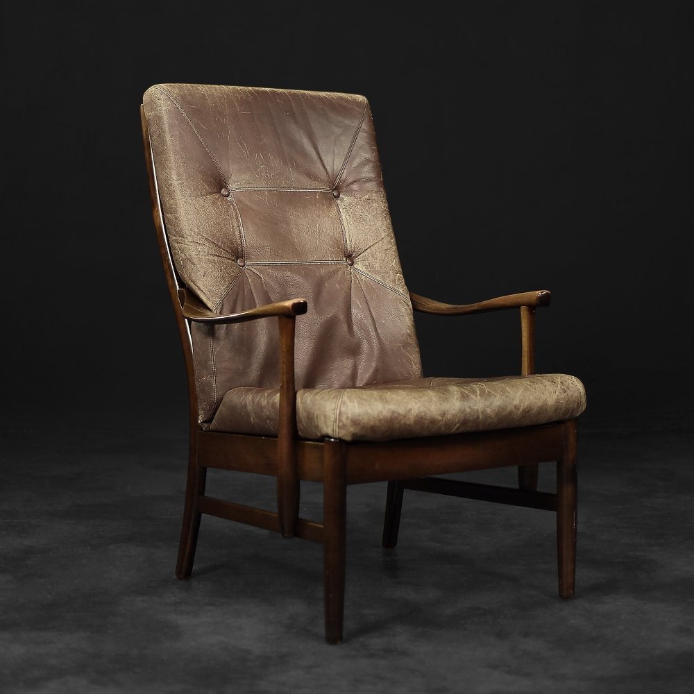 vntg_design's tweet card. Sold: Mid-Century Danish Modern Beech & Brown Leather High Armchair from Farstrup Møbler | #238116
