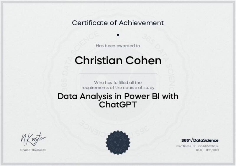 chrisconcoco's tweet card. Christian Cohen has been certified in Data Analysis in PowerBI with ChatGPT by 365 Data Science in November 2023.