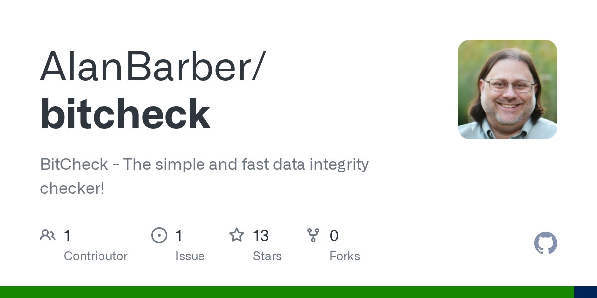 AlanBarber's tweet card. BitCheck - The simple and fast data integrity checker! - AlanBarber/bitcheck