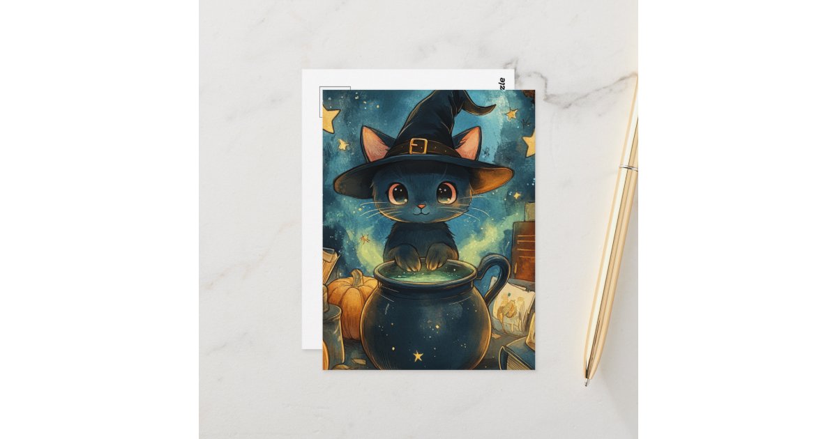 angelandspot's tweet card. AI generated art of a beautiful black cat witch doing a magic spell