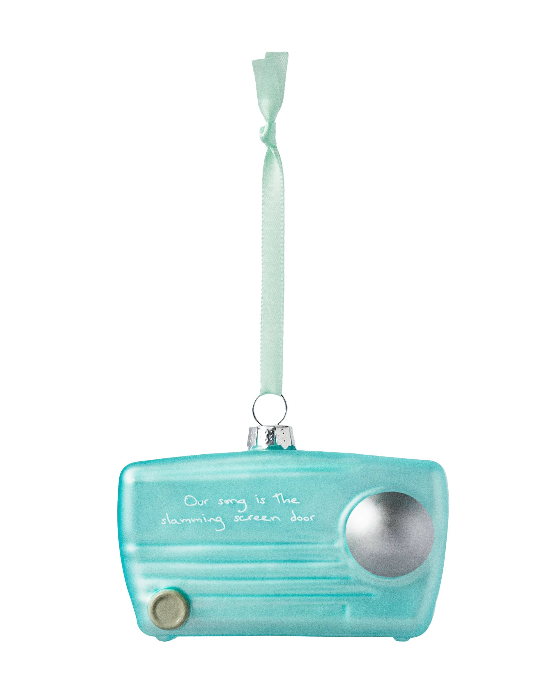 swiftpitch_uk's tweet card. Ships within 10 daysGlass aqua blue radio ornament featuring "Our song is the slamming screen door" song lyrics printed on front and "Taylor Swift" logo printed on back with "Taylor Swift" logo...