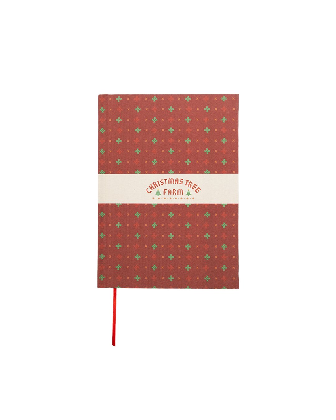 AlertsForMerch's tweet card. Red notebook featuring "Christmas Tree Farm" album logo printed on front and "Taylor Swift" printed on back with all over red and green print design and red bookmark. Polyester outer, paper inside100...