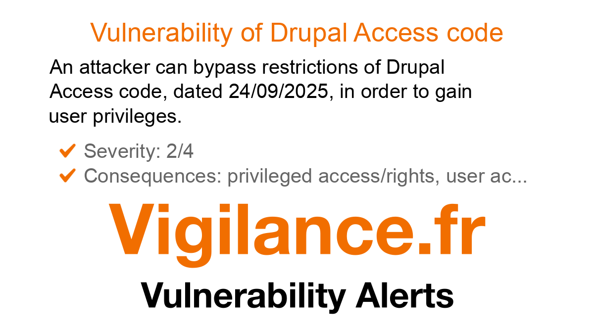 vigilance_en's tweet card. An attacker can bypass restrictions of Drupal Access code, dated 24/09/2025, in order to gain user privileges, identified by CVE-2025-10928.