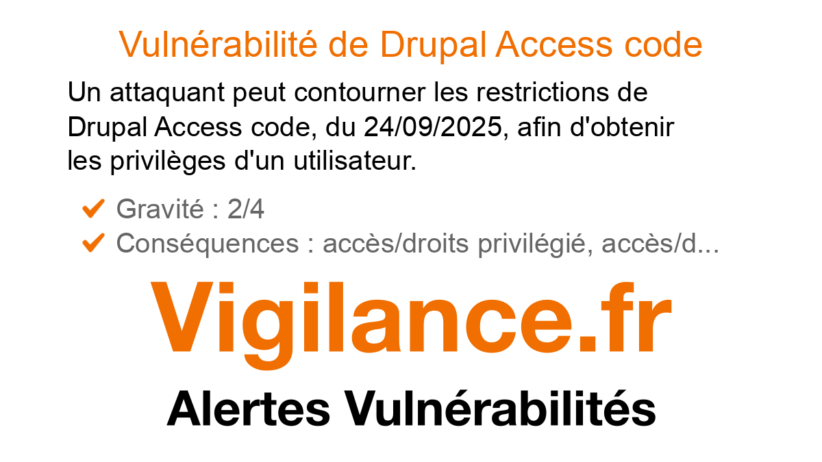 vigilance_fr's tweet card. Un attaquant peut contourner les restrictions de Drupal Access code, du 24/09/2025, afin d'obtenir les privilèges d'un utilisateur, identifié par CVE-2025-10928.