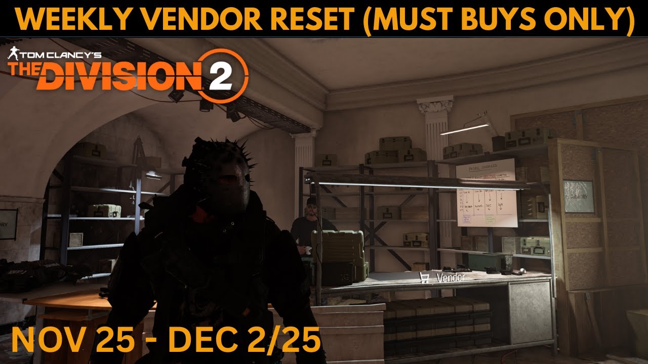 AfflictedGamer's tweet card. The Division 2 - WEEKLY VENDOR RESET (MUST BUYS ITEMS ONLY) NOV 25 -...