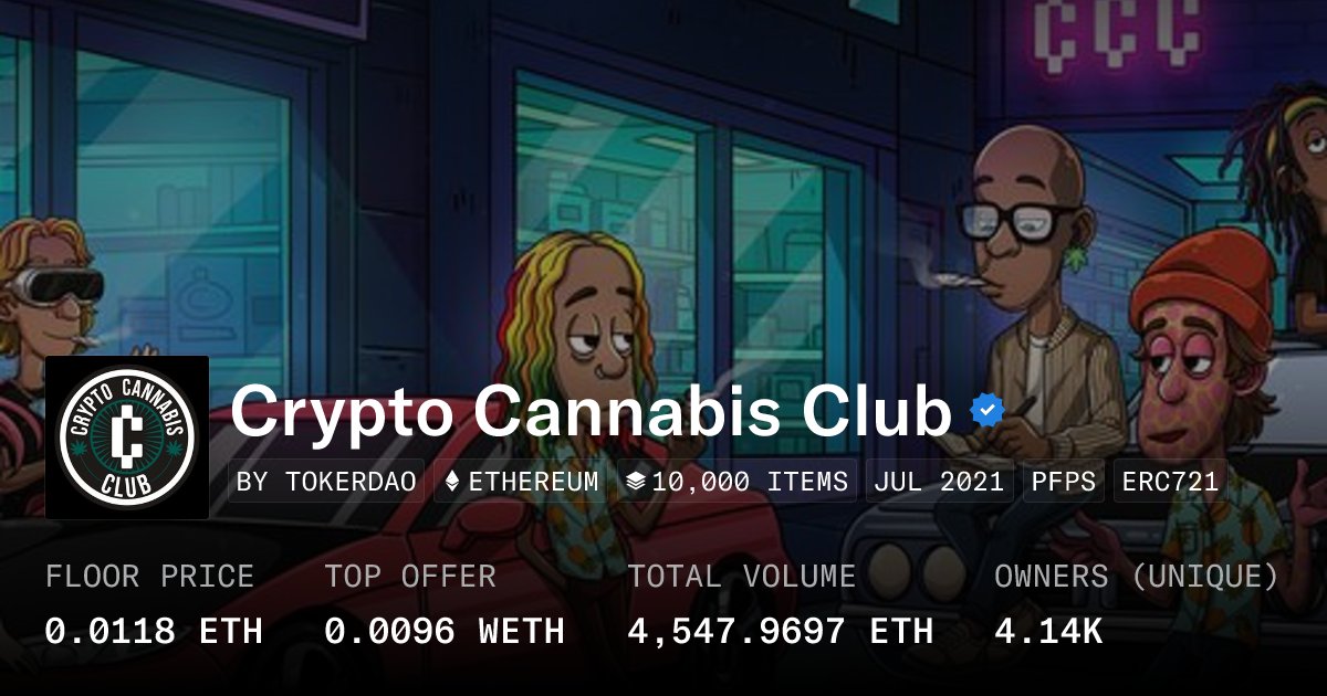CryptoCannaClub's tweet card. The Crypto Cannabis Club is the premier hub for crypto enthusiasts and cannabis connoisseurs on the blockchain. A collection of 10,000 NFTokers chilling in the metaverse: membership to the Crypto...