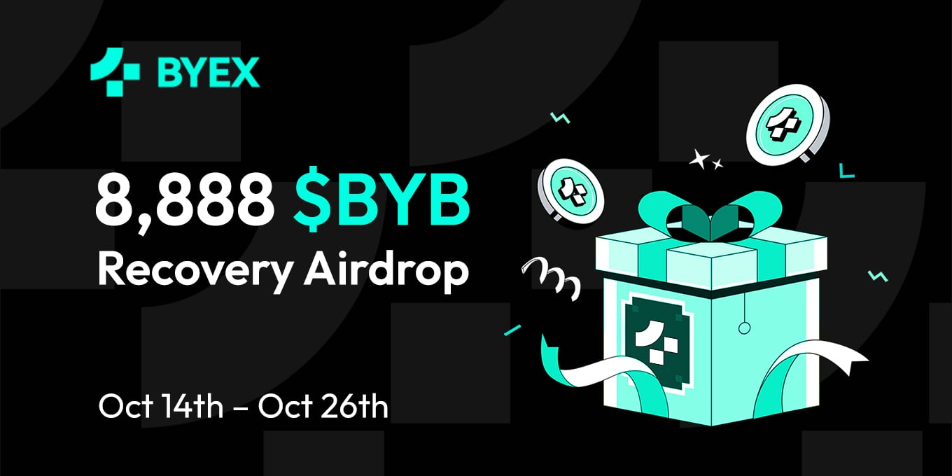 100EXOfficial's tweet card. 💸 8,888 $BYB Recovery Airdrop 💸  🎁 8.8 $BYB per user | 1,000 winners 📅 Oct 14 – Oct 24 The market may be down, but it’s the perfect time to learn, trade smarter, buy the dip and prepare for the...