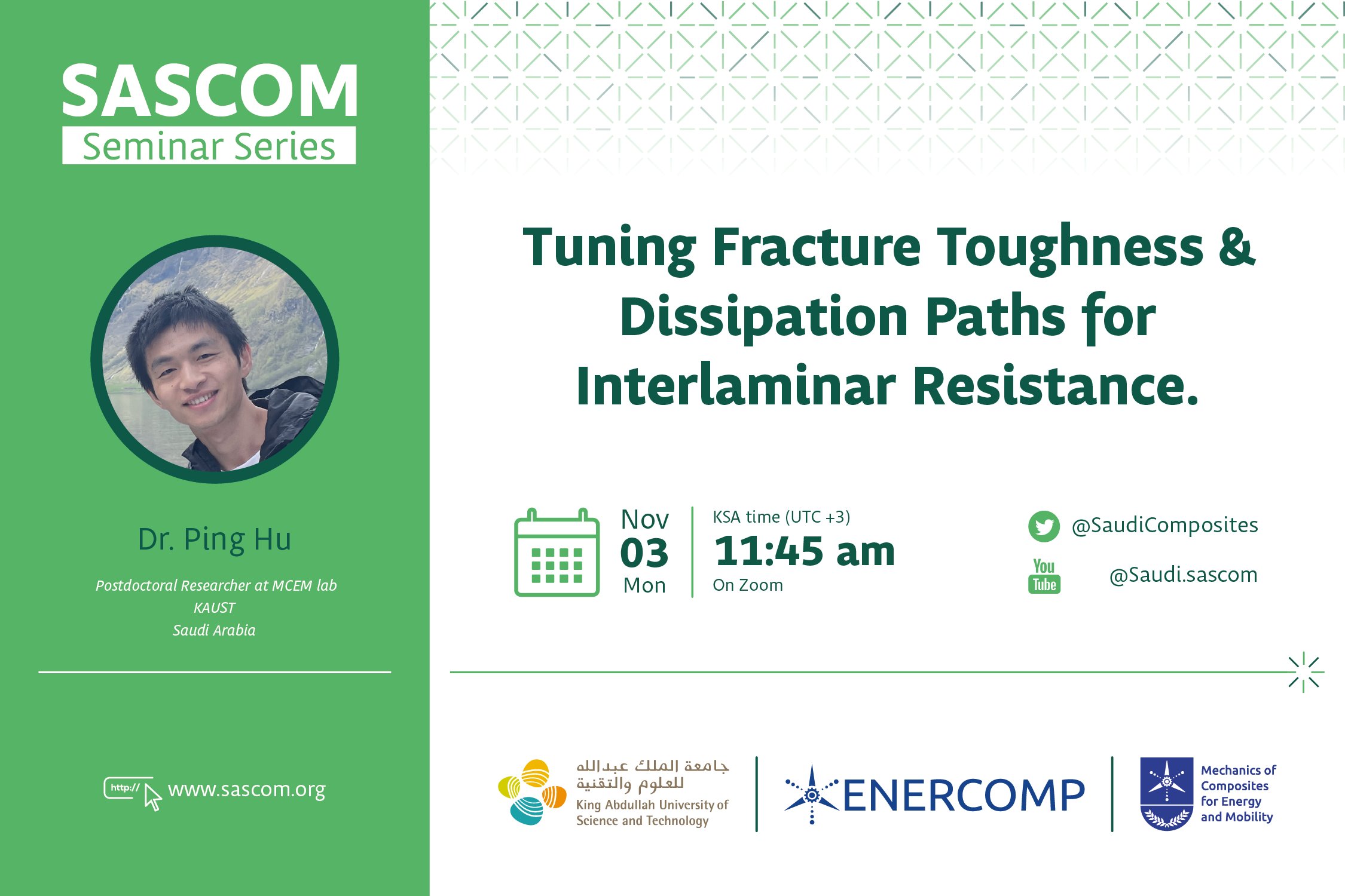EnercompContact's tweet card. SASCOM Seminar Series - Tuning Fracture Toughness & Dissipation Paths for Interlaminar Resistance, by Dr. Ping Hu