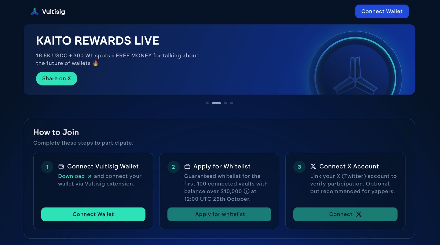 vultisig's tweet card. Join the Vultisig x Kaito campaign. $16.5k up for grabs for top yappers, with top 300 receiving a guranteed whitelist for the $VULT launch.
