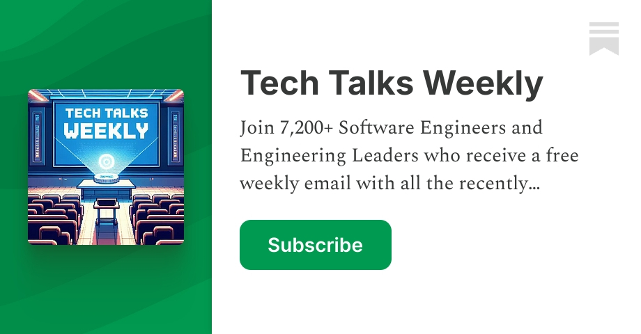 talks_weekly's tweet card. Join 7,200+ Software Engineers and Engineering Leaders who receive a free weekly email with all the recently published podcasts and conference talks. Stop scrolling through messy YT subscriptions....