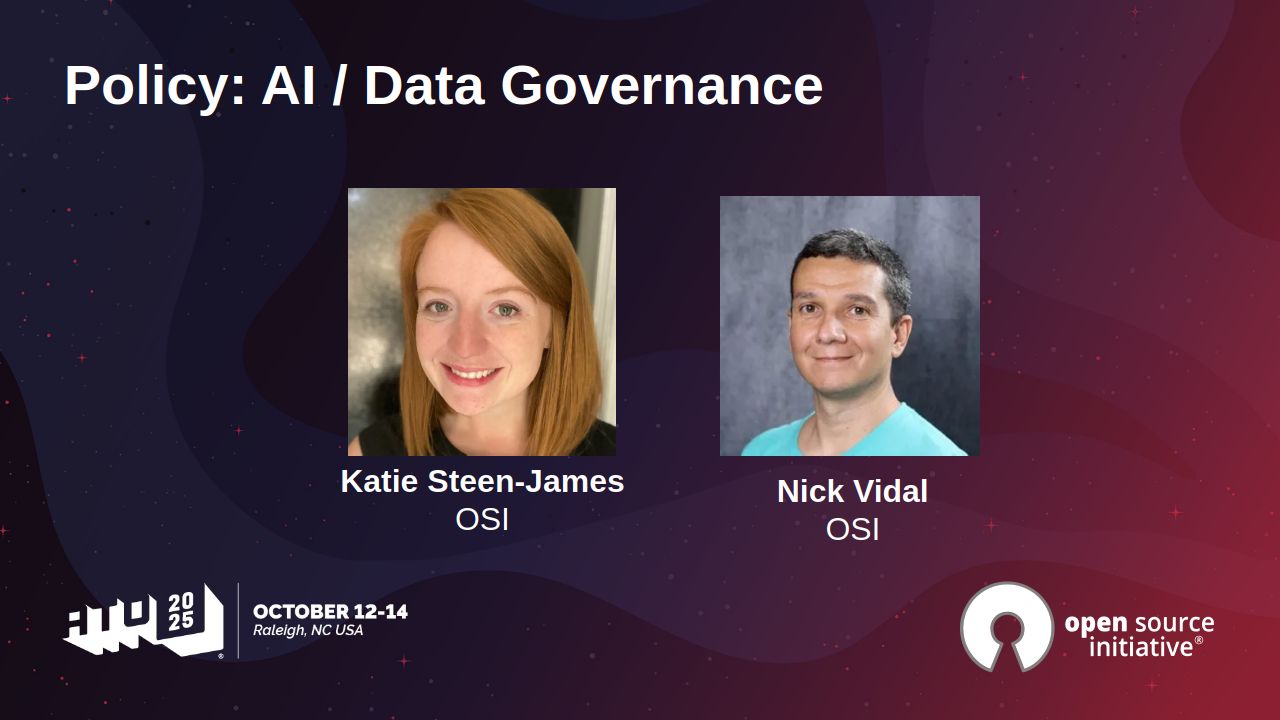 OpenSourceOrg's tweet card. The OSI hosted the State of the Source Track at ATO. Katie Steen-James and Nick Vidal participated in a fireside chat (Policy: AI / Data Governance) to discuss the latest AI and data governance...