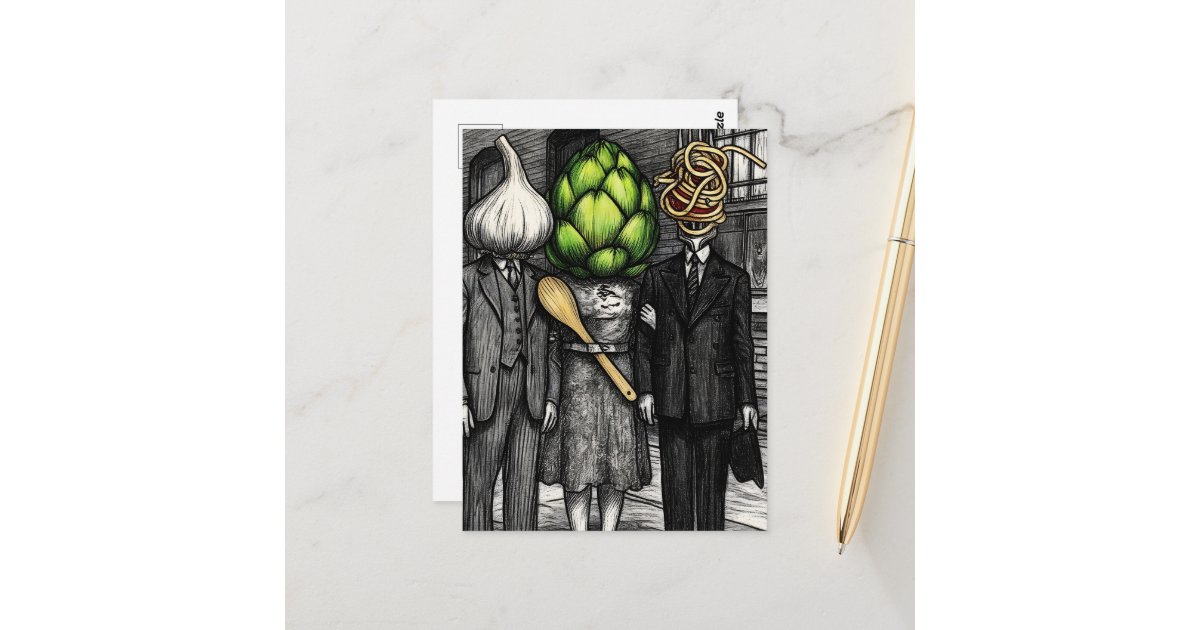 angelandspot's tweet card. A garlic, an artichoke, and a spaghetti fork person funny AI generated food art