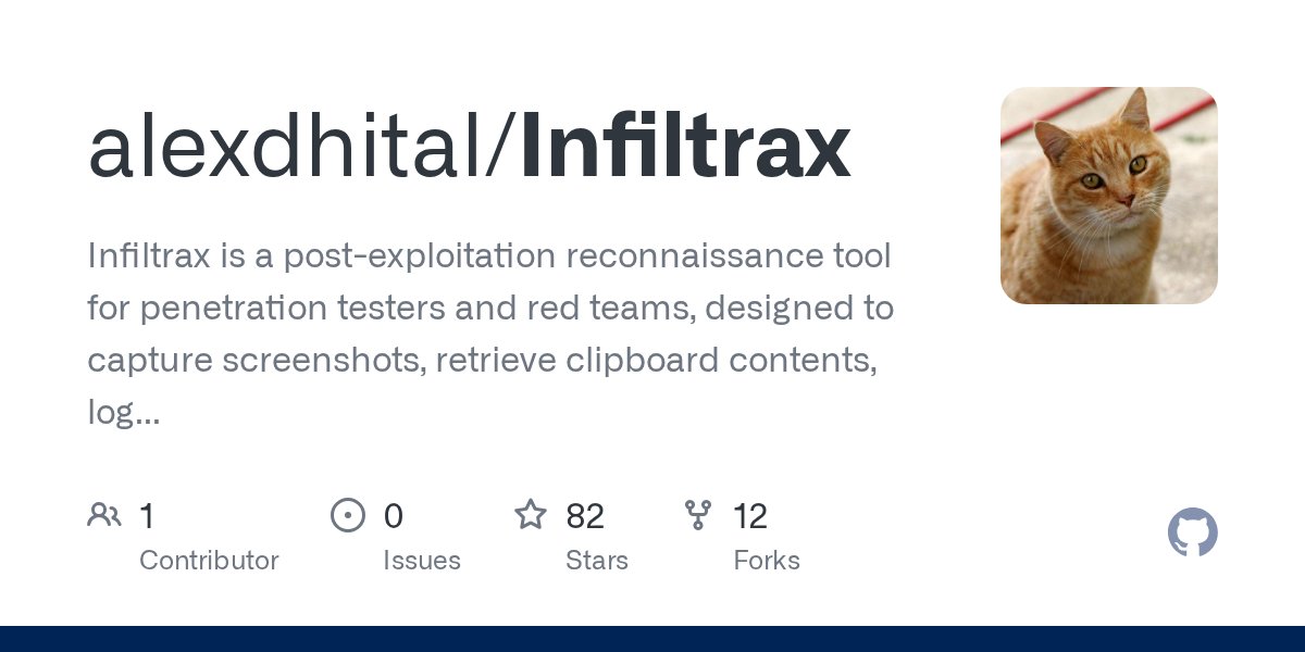 iSeeCyber's tweet card. Infiltrax is a post-exploitation reconnaissance tool for penetration testers and red teams, designed to capture screenshots, retrieve clipboard contents, log keystrokes, bypass UAC and install AnyD...