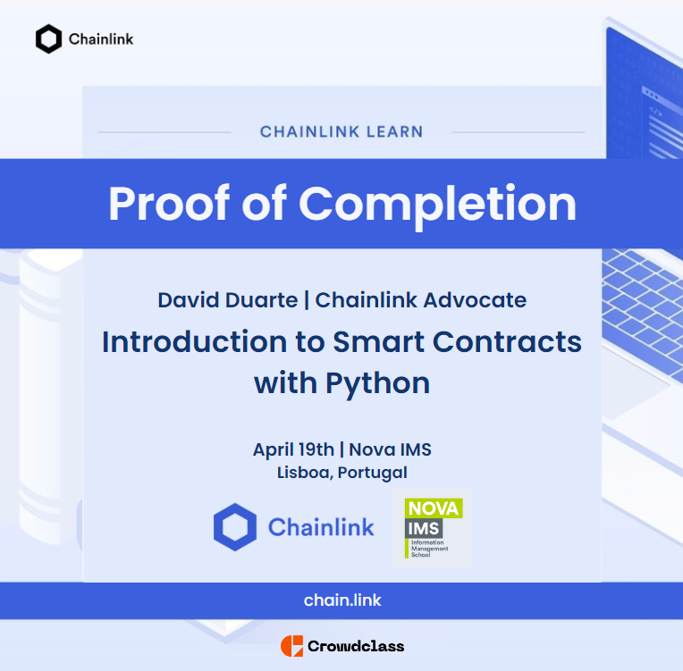 _xNode's tweet card. This NFT is proof of completion of the Chainlink Workshop "Introduction to Smart Contracts with Python", which took place at Universidade Nova de Lisboa on April 19, 2023. Event page: https://event...