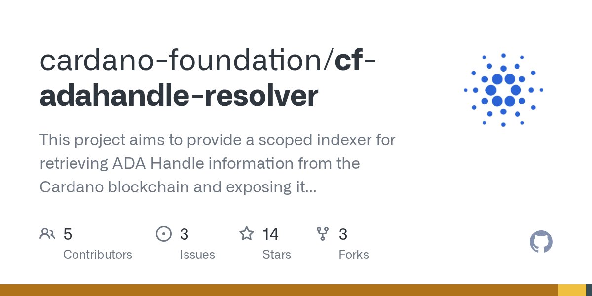 Cardano_CF's tweet card. This project aims to provide a scoped indexer for retrieving ADA Handle information from the Cardano blockchain and exposing it via REST using Yaci Store - cardano-foundation/cf-adahandle-resolver