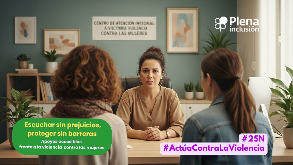 Plenainclusion's tweet card. Plena inclusión recuerda que muchas mujeres con discapacidad intelectual encuentran barreras para pedir ayuda y recibir protección. Reclama que los servicios públicos sean accesibles para que todas...