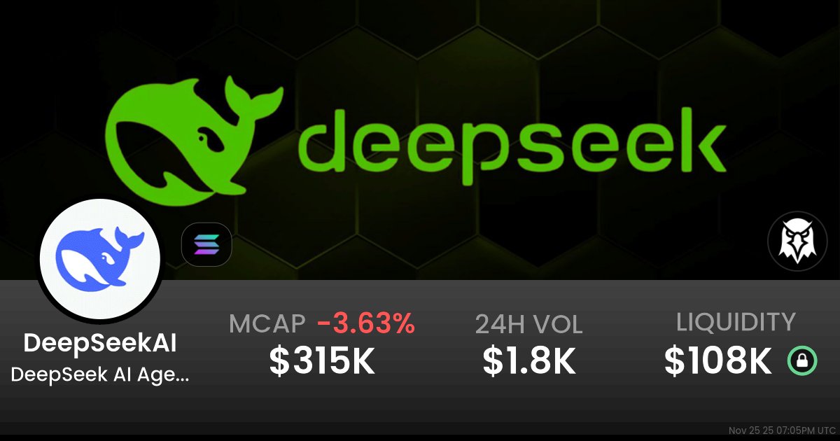 deepseekcto's tweet card. $0.000000000007491 DeepSeek AI Agent (DeepSeekAI) realtime price charts, trading history and info - DeepSeekAI / SOL on Solana / Raydium