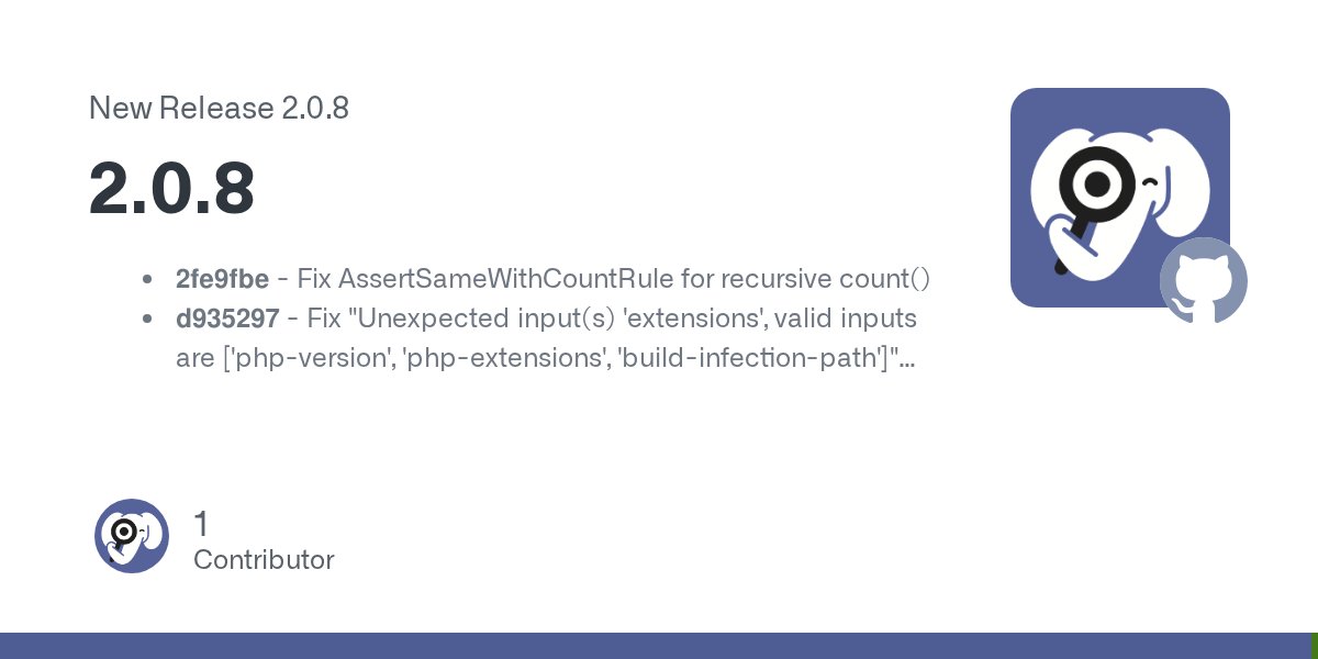phpstan's tweet card. 2fe9fbe - Fix AssertSameWithCountRule for recursive count() d935297 - Fix "Unexpected input(s) 'extensions', valid inputs are ['php-version', 'php-extensions', 'bui...