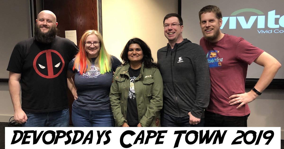 bridgetkromhout's tweet card. Bridget chats with Devi Moodley, Daniel Maher, Adrian Moisey, and Cobus Bernard at devopsdays Cape Town 2019.